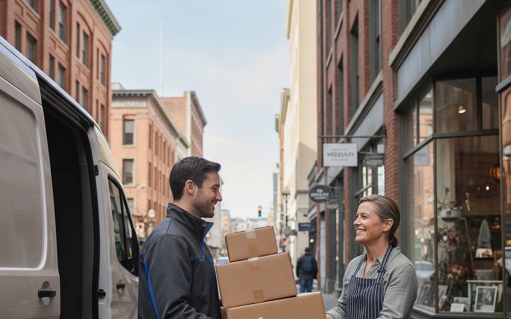 Courier handing a parcel to a shop owner on a Seattle city street beside a delivery van