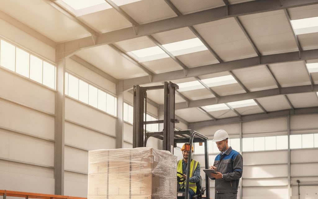 Forklift driver moving a pallet while a colleague checks the load on a tablet