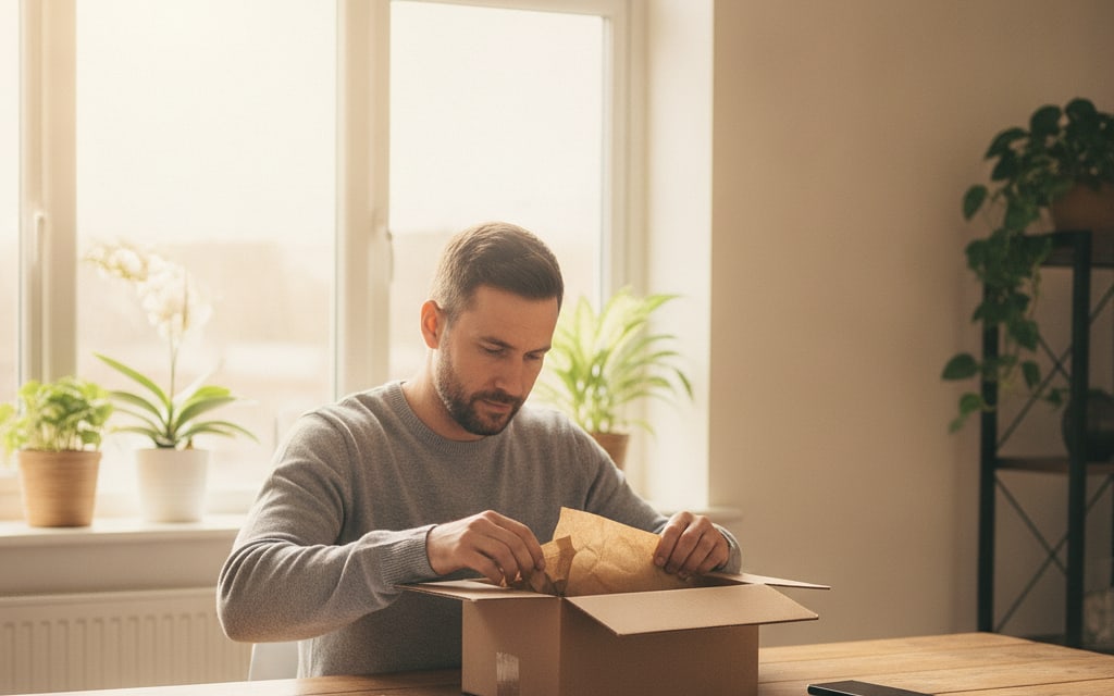 Man at a table at home checking and repacking a parcel