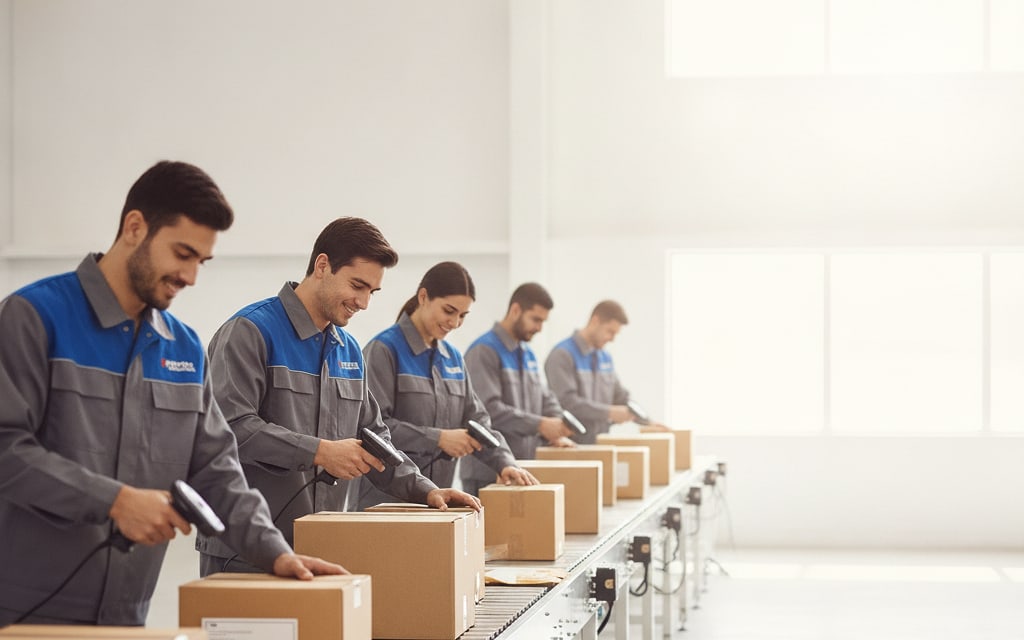 Fulfilment staff sorting parcels on a conveyor belt